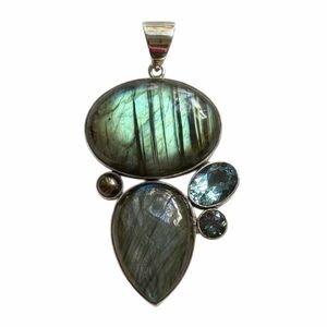 .925 Sterling Silver Labradorite and Blue Topaz Large Pendant
